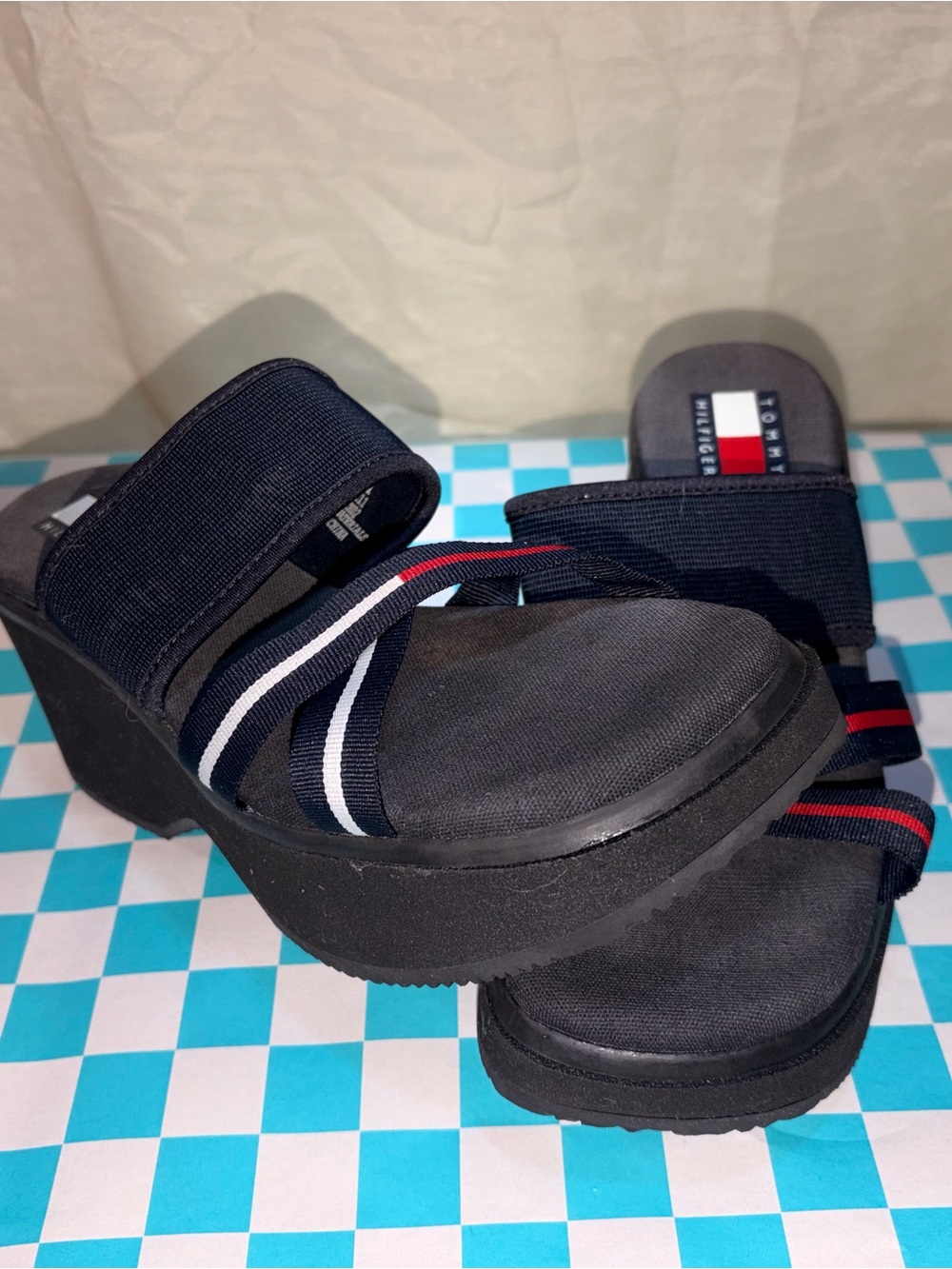Y2K/1990’s Era Vintage Tommy Hilfiger Black Platform Slide Sandals